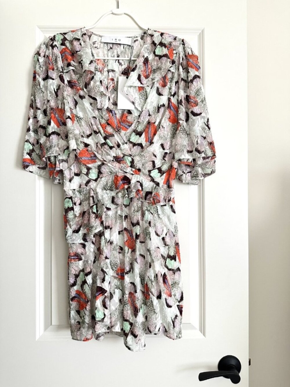 NWT IRO Carlina Silk Blend Short Sleeve Mini Dress in Mixed Green